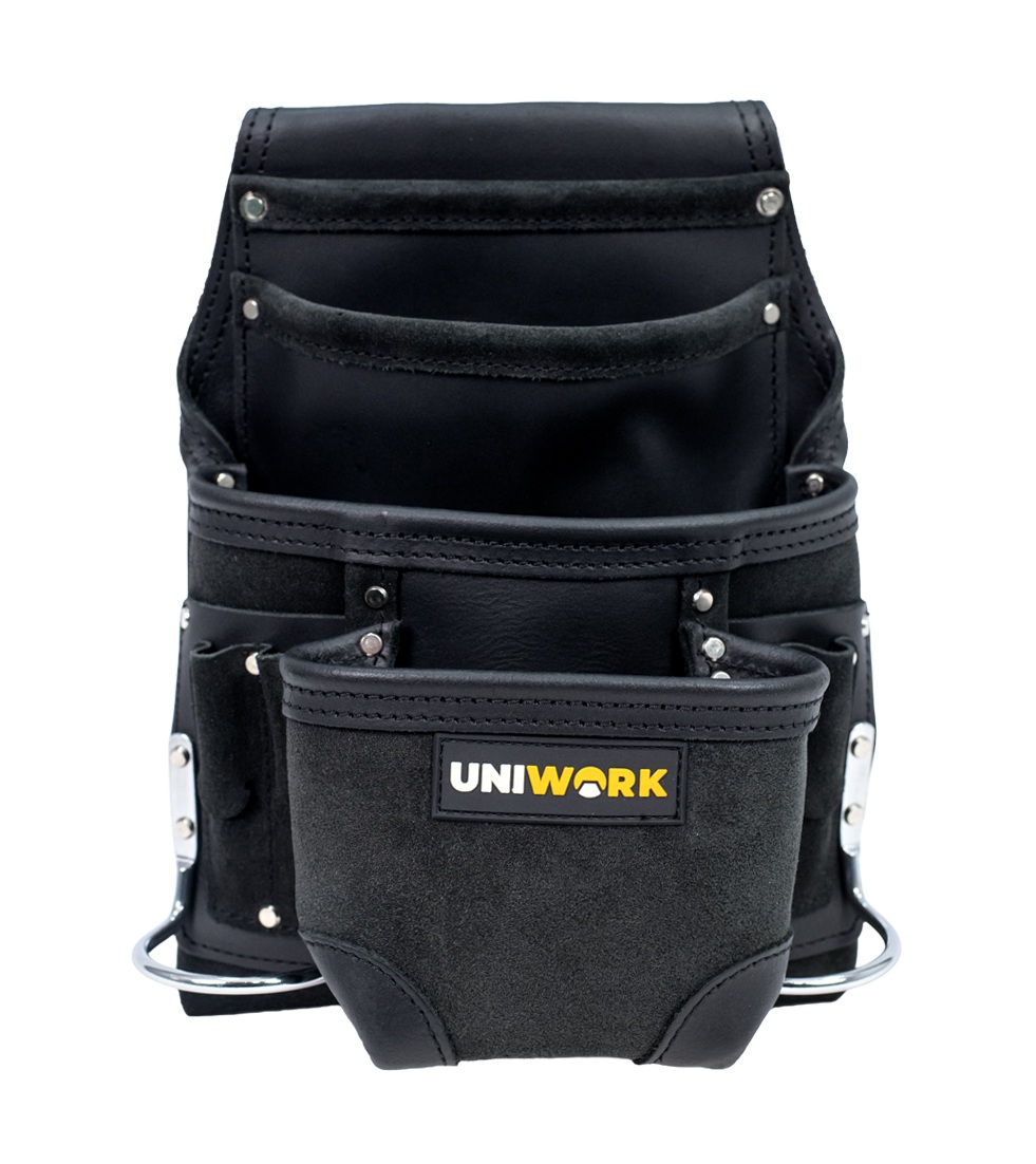 Uniwork Premium Black Leather 10-Pocket Tool Belt Pouch